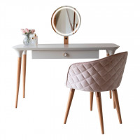 Manhattan Comfort 2-2530511020486 2-Piece HomeDock Vanity Dressing Table with Mirror Led Lights and Kari Accent Chair Set in Off White and Pink